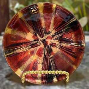 Vintage Enamel on Copper Abstract Dish Bowl MCM Mid Century Red Gold Black